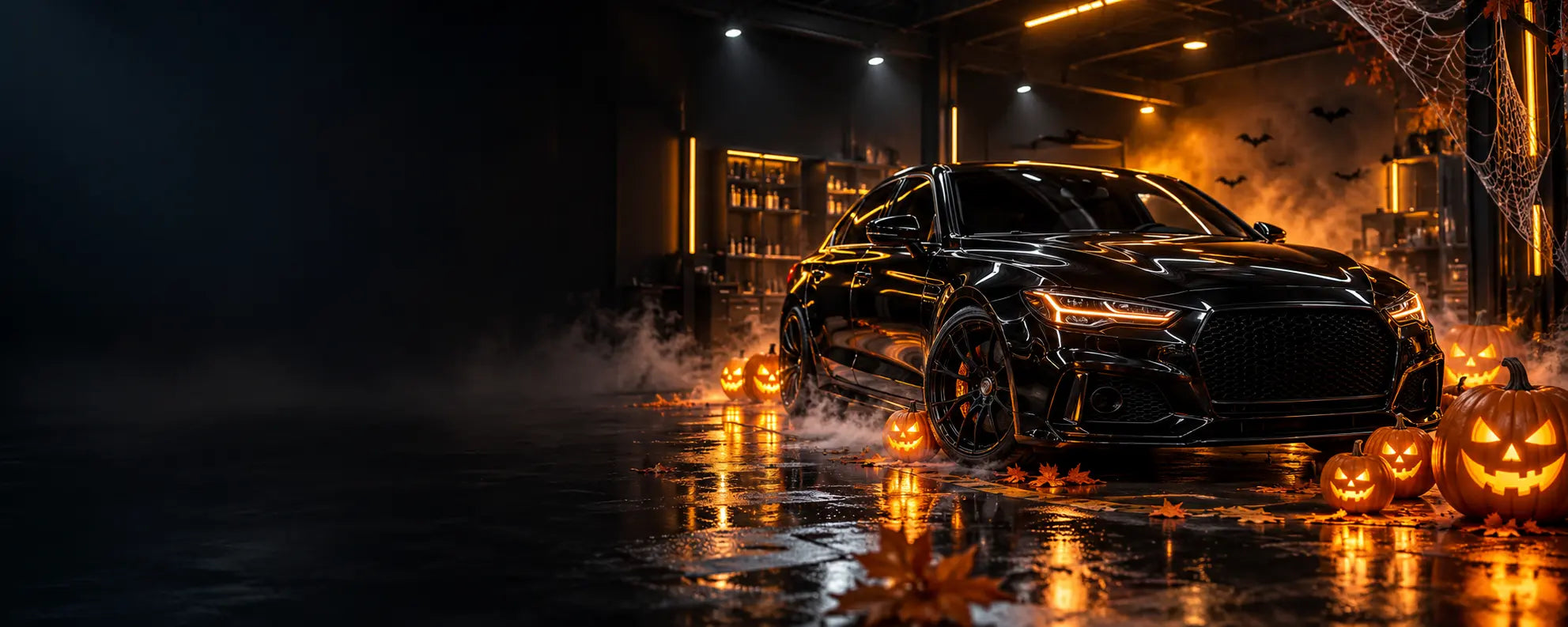 Schwarzes Fahrzeug mit beleuchteten Halloween-Kürbissen im FRAGO Detailing-Studio